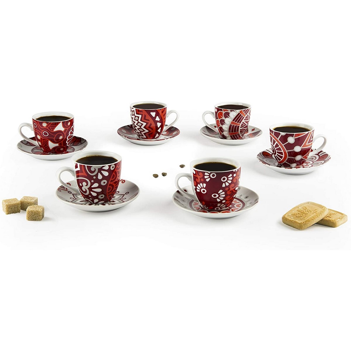 Mandala Red Set 6 Tazzine da caffè con Piattino, Porcellana cod.64807